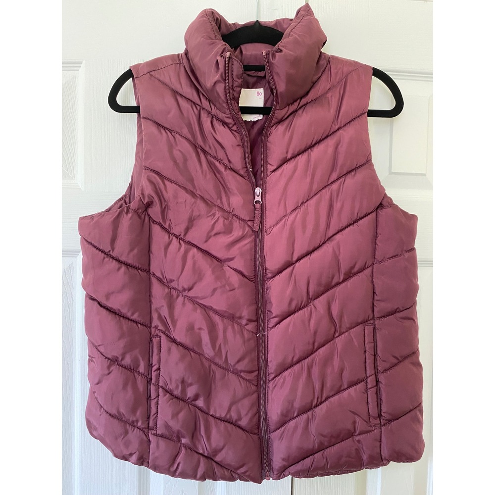 SO Puffer Vest Womens L Burgundy Maroon Padded Sleeveless Jacket Quilted Gorp